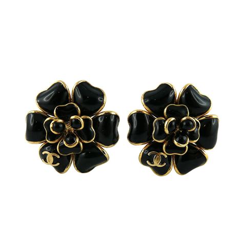 chanel black flower earrings|chanel black camellia earrings.